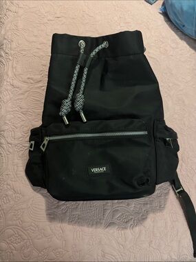 Versace Black Drawstring Backpack with Front Zip Pocket